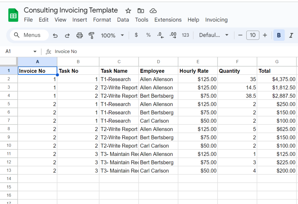 Demo spreadsheet showing invoiced hours